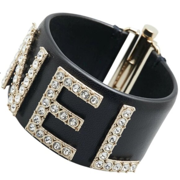 CHANEL Logo Rhinestone Black Lambskin Bracelet 6.7" Gold Tone B19 Auth w/Box - Picture 1 of 6